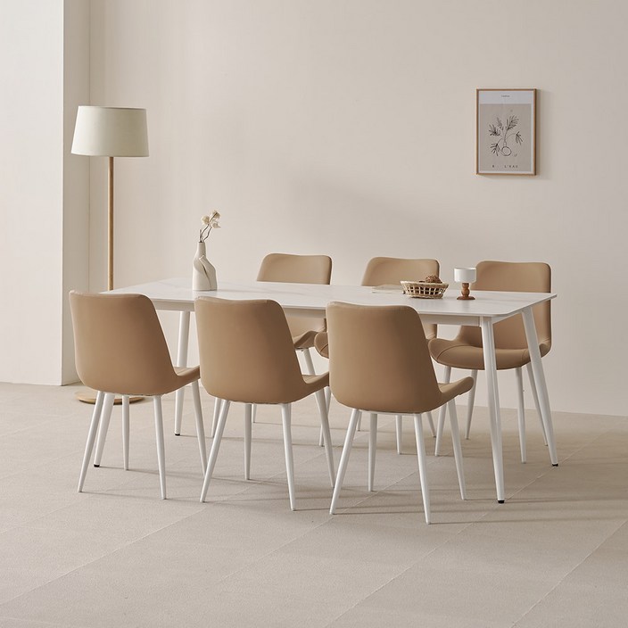 라로퍼니처 비비드 1800 포세린 통 세라믹 식탁 테이블  의자 6p 세트 6인용 방문설치, 식탁화이트, 의자브라운6P