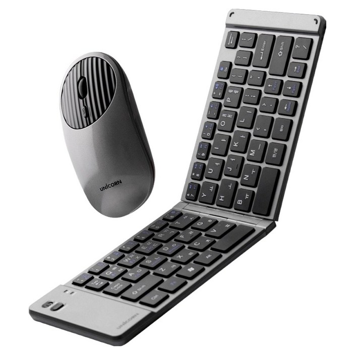 유니콘 C타입 충전 2.4G 블루투스 휴대용 키보드 + 마우스 세트, BK-950SB, 다크그레이, 접이식