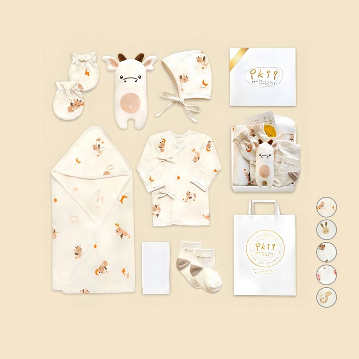 ikii 신생아 오가닉 배냇저고리 사계절용 긴소매 7종 출산 선물세트  쇼핑백