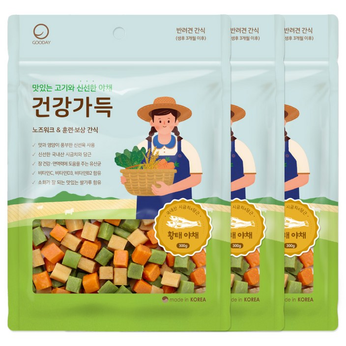 굿데이 강아지 건강가득 간식 300g, 3개, 황태 야채