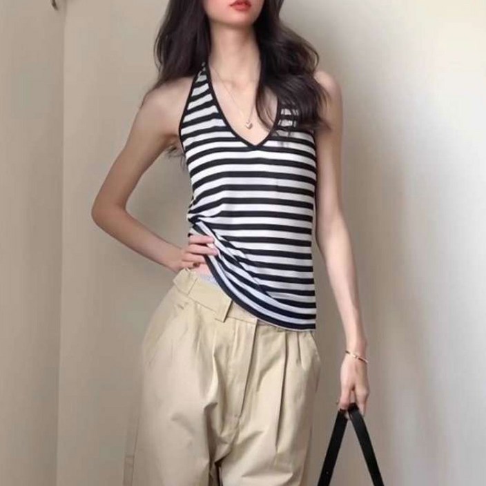 더시럽 여성용 Y2K 스트라이프 홀터넥 슬리브리스