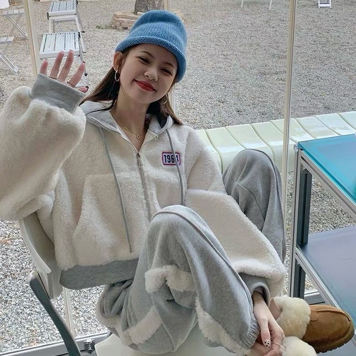 여성 배색 레터링 기모 트레이닝복 여자 양털 플리스 크롭 후드집업 조거팬츠 츄리닝 셋업
