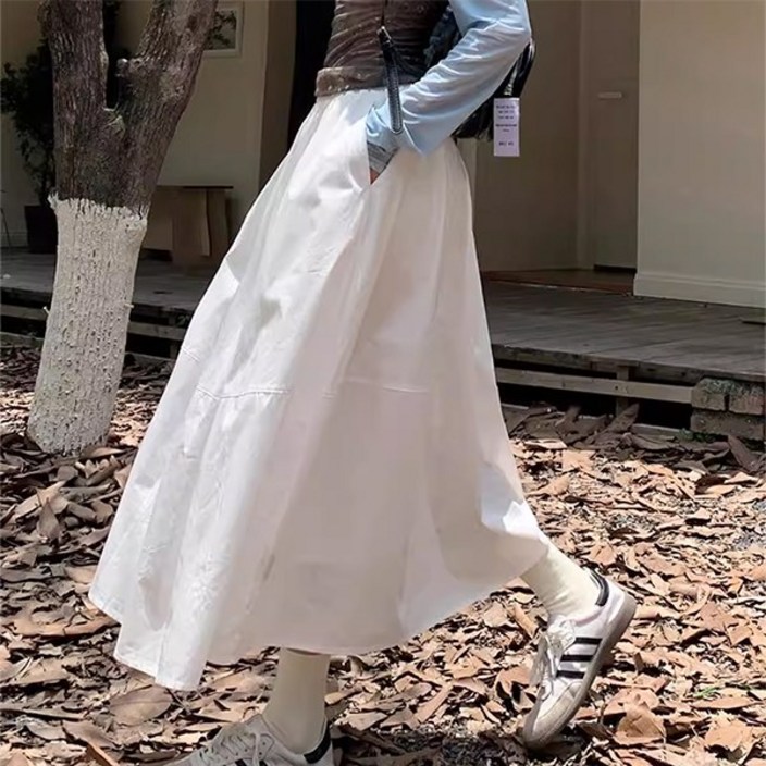 키작녀 데일리 롱 스커트 화이트 블랙 주머니 속치마 여름 가을 치마