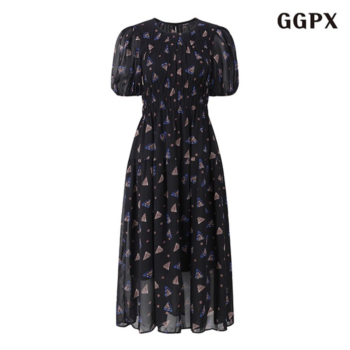 GGPX 페미닌 프린팅 쉬폰 셔링 플레어 롱 원피스  GOBOW064D