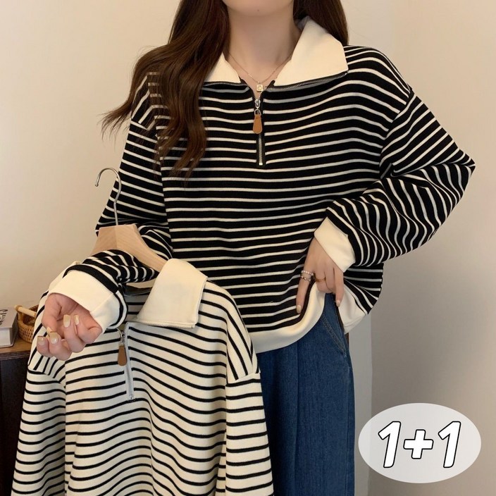 1+1 여성티셔츠 스트라이프 반집업 맨투맨 루즈핏 상의 빅사이즈 데일리 카라티