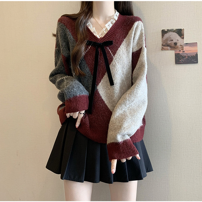 체인지쉬change she 여성 북유럽풍 다이아몬드 레이스 V넥 리본 니트 스웨터