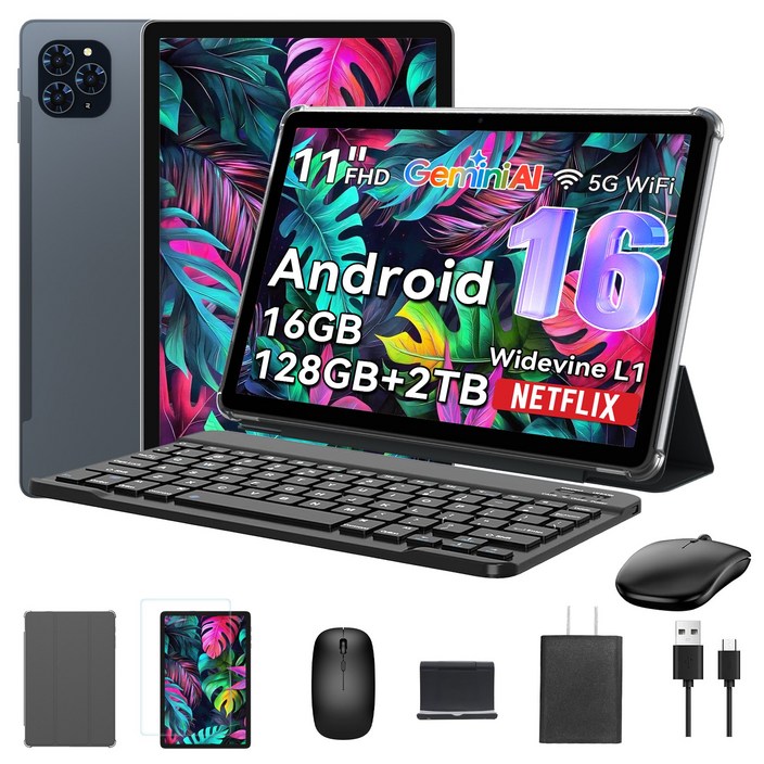 TABWEE 2026 세계최초 Android16 Gemini AI 태블릿 11인치 FHD 16GB 128GB 2TB확장 2in1 테블릿 pc 키보드세트