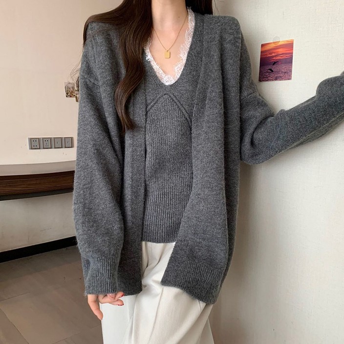 ORZQU 가을 여성 세트 레이스 브이넥 니트 나시 니트 카디건 세트