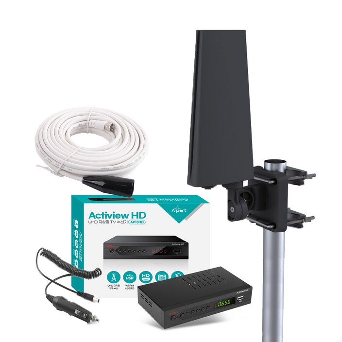 UHD 지상파 TV 안테나 셋톱박스 수신기세트 1.5~10M 케이블 포함 차량용 가정용 캠핑용 농막용, AP13HD03C(가변형 블랙), 1개