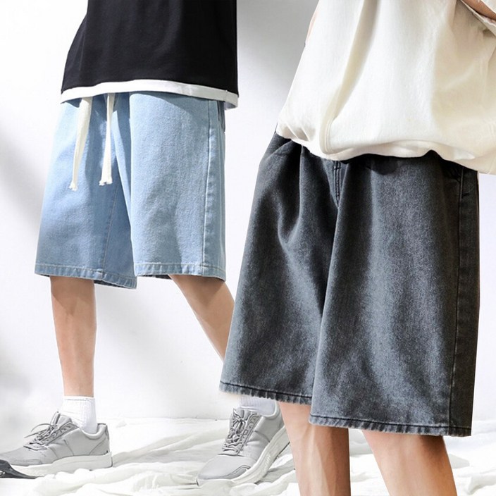 아임플렉스 남자 밴딩 5부 청반바지 와이드 데님반바지