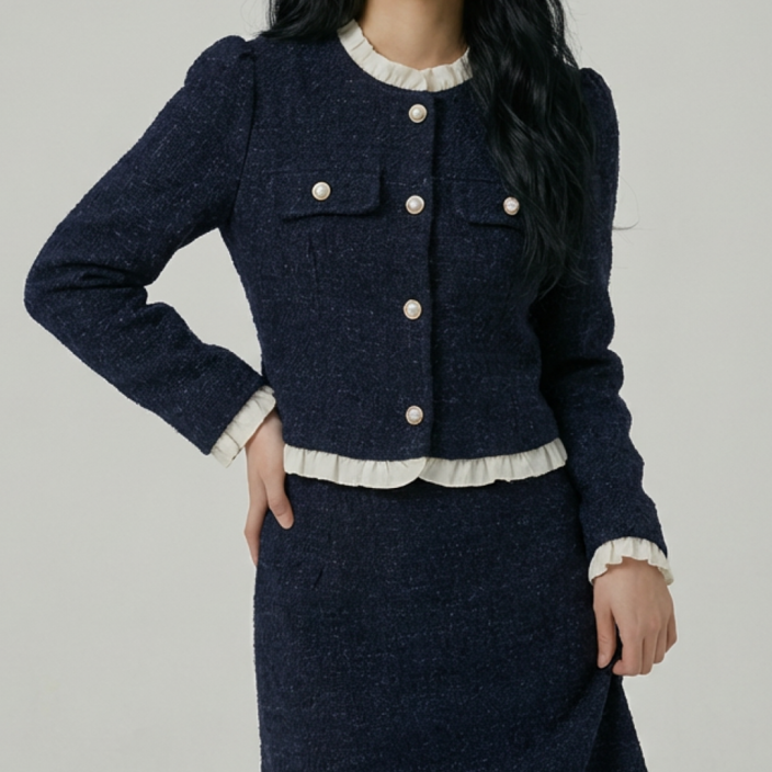 러아카 코듀로이 프릴 버튼 자켓 스커트 세트