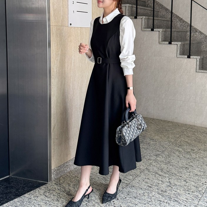 데일리앤 베를린 뷔스티에 플레어 벨트 세트 하객룩 원피스 지퍼 레이어드 봄 가을 사계절