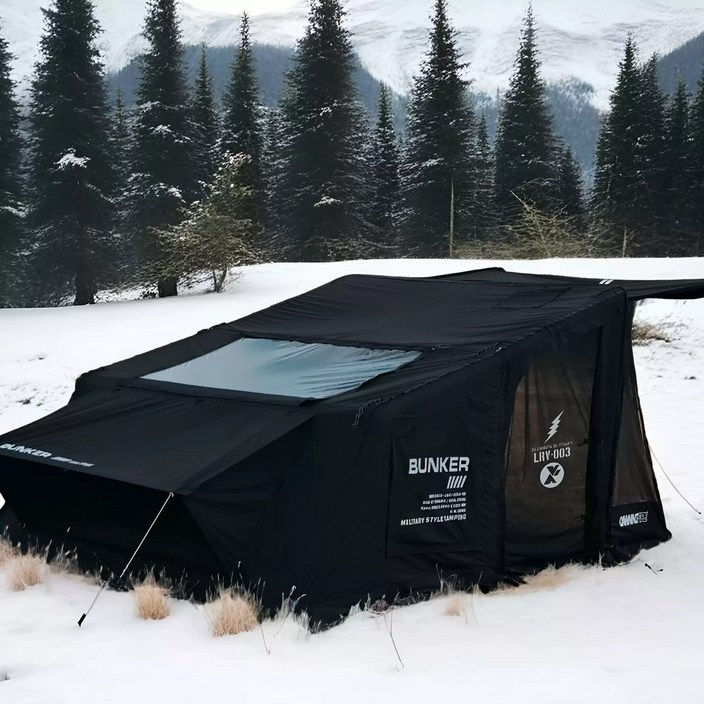 Dawning Fire 7분 초간단설치 주차장 포함 대형 에어텐트 가족 캠핑용 4계절 방수 확장형 프라이버시창파노라마뷰, 블랙