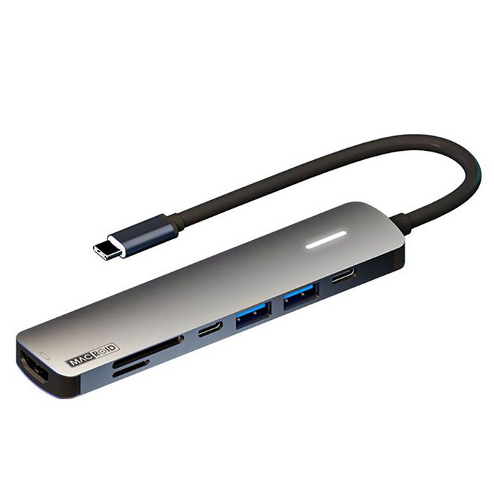 맥로이드 7포트 4K 100W 맥북 삼성 LG HDTV 멀티 허브 어댑터 HDMI TF SD C타입 USB3.0, 그레이