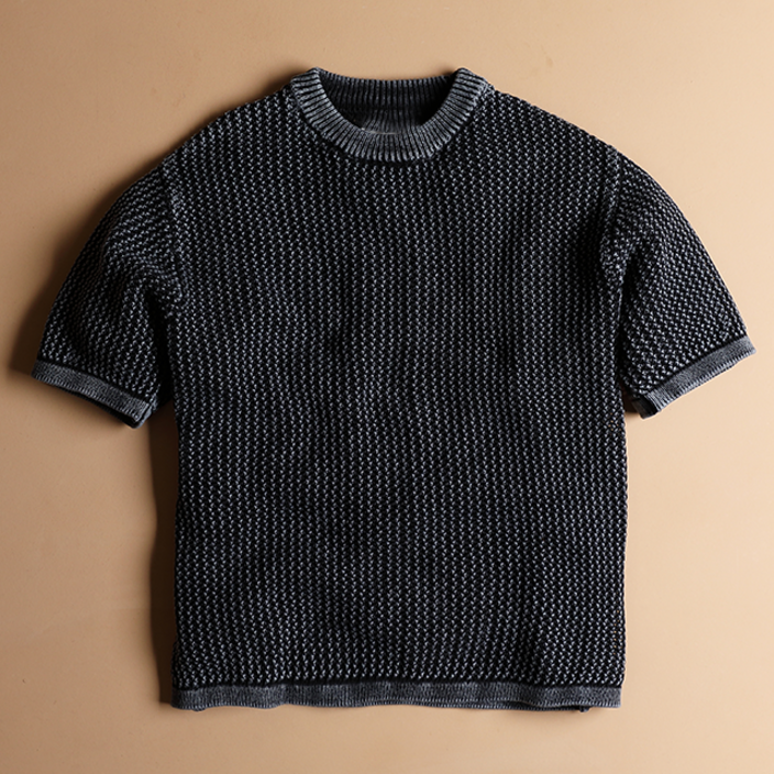 [MAHUUM] (이벤트 화이트 면 티셔츠 증정) 남자 반팔 꽈배기 오버핏 라운드 knit 예쁜 봄여름가을 간절기 줄무늬 면 라운드 니트티 20230607