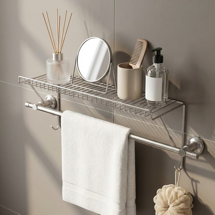 도파밍 무타공 수건걸이 선반 화장실 욕실 선반 거치대, 1개, 스테인리스