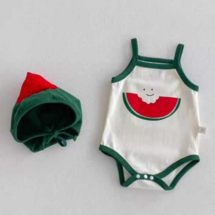 스타도어 유아용 수박 포인트 민소매 바디수트  모자 세트