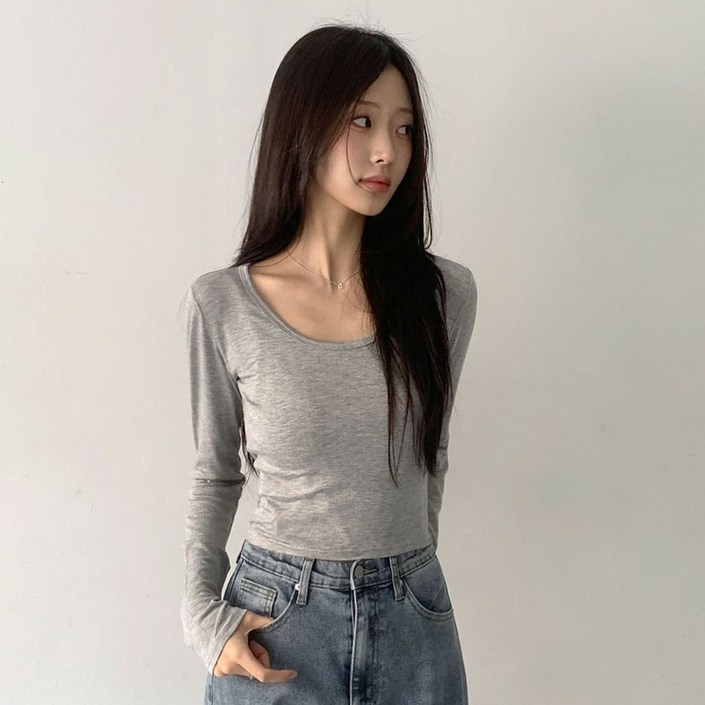 플랜데이 여성용 미뉴 데일리 유넥 쫀쫀 세미크롭 긴팔 티셔츠