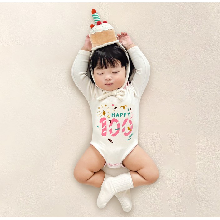 이키 유아용 100일 기념 바디수트 긴팔  케이크 모자  기프트 박스  쇼핑백