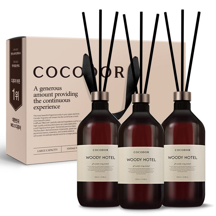코코도르 프리미엄 디퓨저  섬유스틱 6p, 우디호텔, 1L, 3개