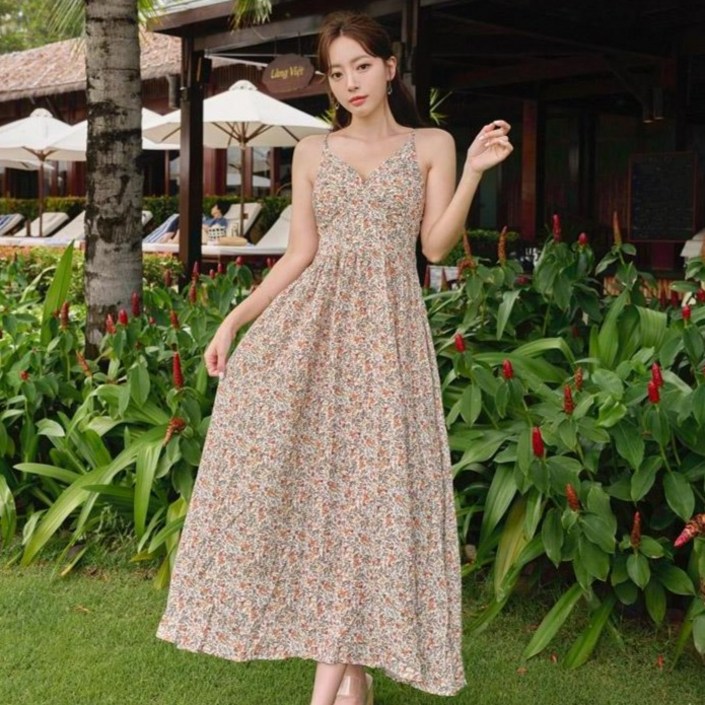 헤링본 백스트랩 나시 플라워 롱 비치 원피스 HI180