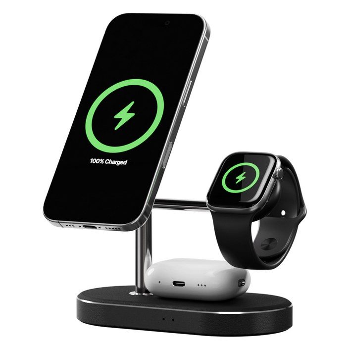 신지모루 Qi2 3in1 M트리 터보 맥세이프 초고속 무선충전 아이폰 애플워치 거치대, 블랙, 1개
