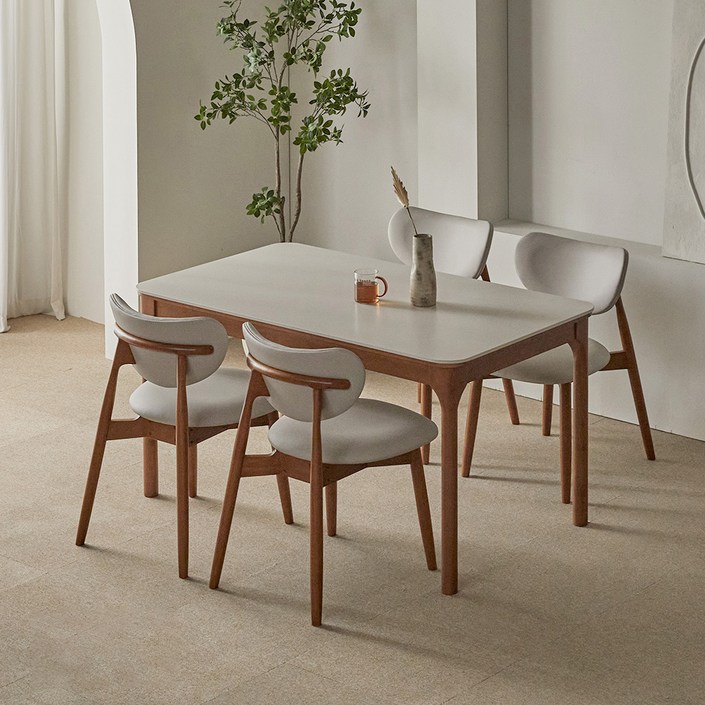 파로마 채튼D 통세라믹 원목식탁  의자세트 4인 방문설치, 베이지상판월넛원목, 일반의자 4