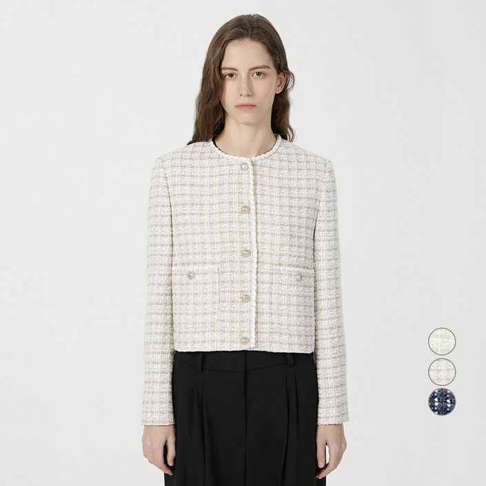 리스트 여성용 트위드 브레이드 라운드넥 자켓 TWWJKP52070
