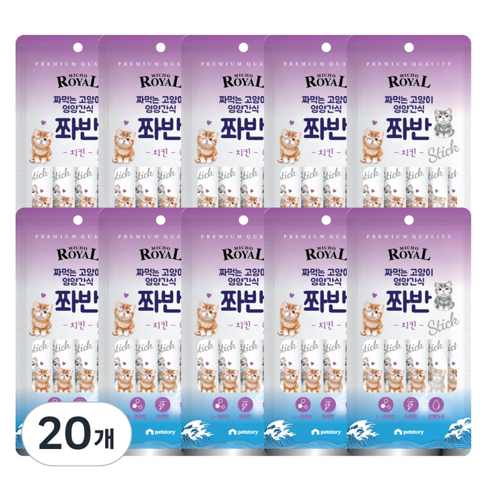 펫스토리 고양이 프리미엄로얄 미쵸 쫘반 가수분해단백질 닭고기 짜먹이는간식 5p, 치킨, 75g, 20개