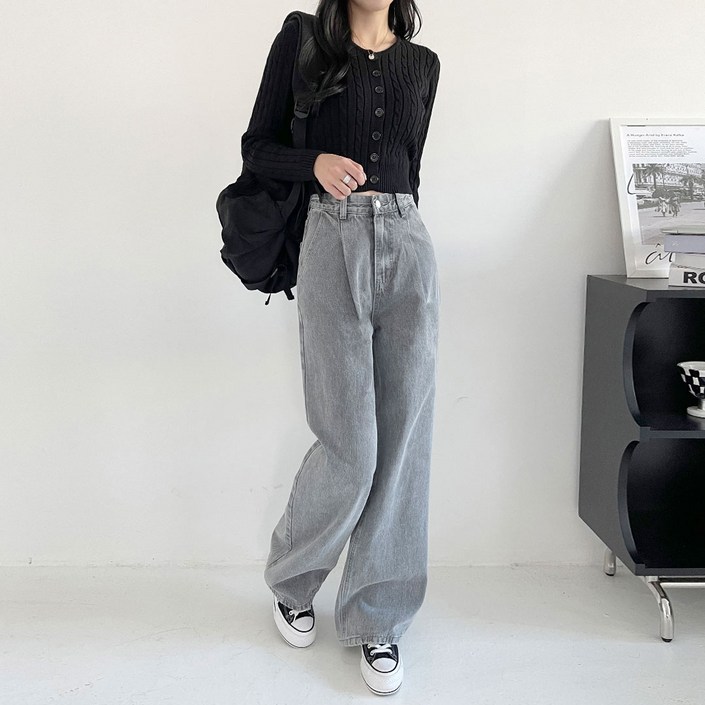 플랜데이 여성용 원핀턱 난스판 스톤 워싱 와이드 데님 팬츠 미디움