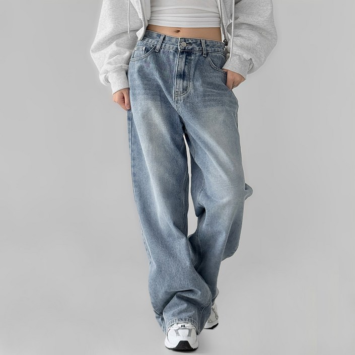 여성용 숏기본롱 기장 데일리 와이드 데님 팬츠 W1009