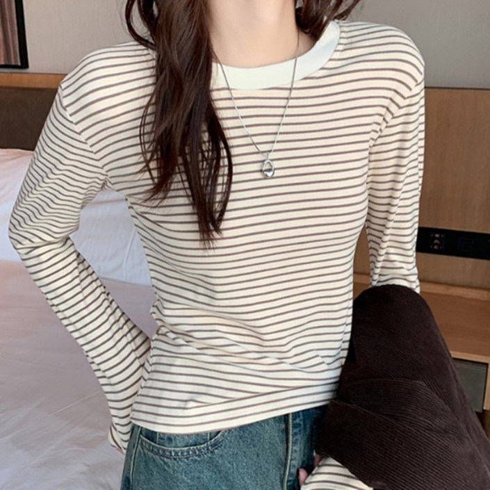 소니오 여성용 베이직 단가라 긴팔 티셔츠