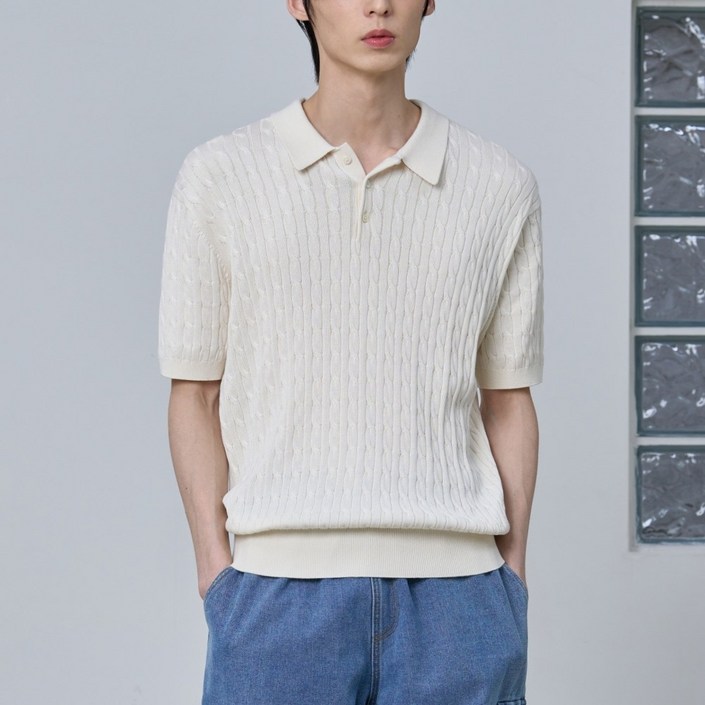 에이지오디 코튼 모달 워셔블 버튼 카라 케이블 하프 니트 반팔니트 반소매니트 캐주얼 데일리 남녀공용 케이블 하찌 반집업 오버핏