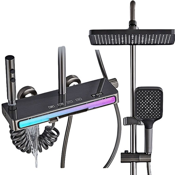 AUDOC 욕실 해바라기 샤워기수전세트 LED 온도 표시 선반형 샤워기 수전세트, 그레이, 1개