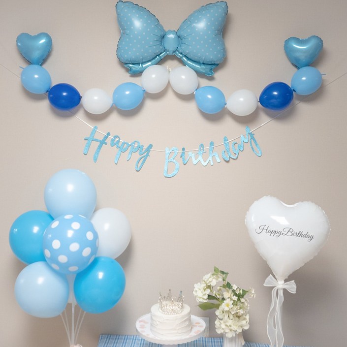 연지마켓 생일풍선 생일파티용품 리본풍선 세트, 블루 하트풍선 세트