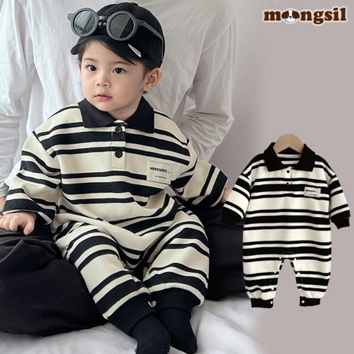 몽실이 블랙카라 스트라이프 우주복 가을 봄 유아용 남아 긴팔 피케티 외출복