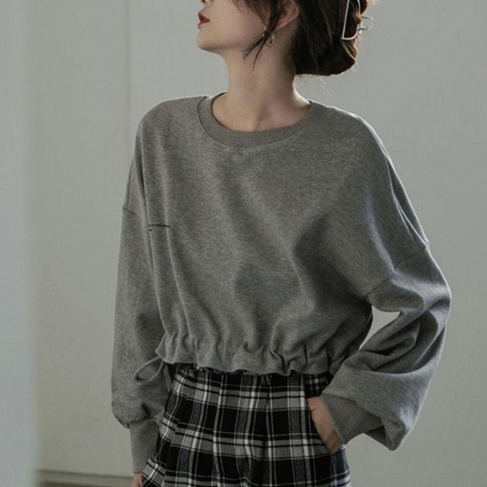 허리 스트링 셔링 크롭 긴팔 맨투맨 티셔츠 블라우스