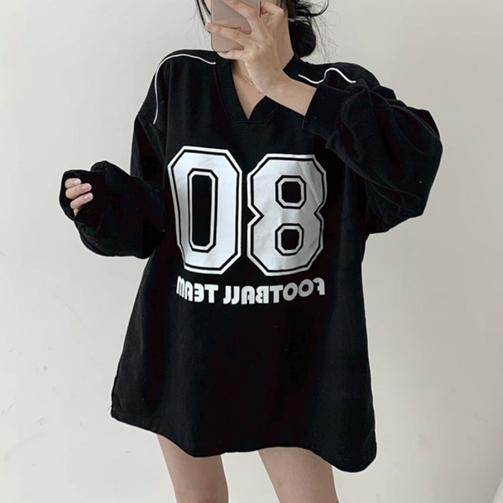 여성 브이넥 맨투맨 오버핏 빅사이즈 긴팔티 루즈핏 캐주얼룩