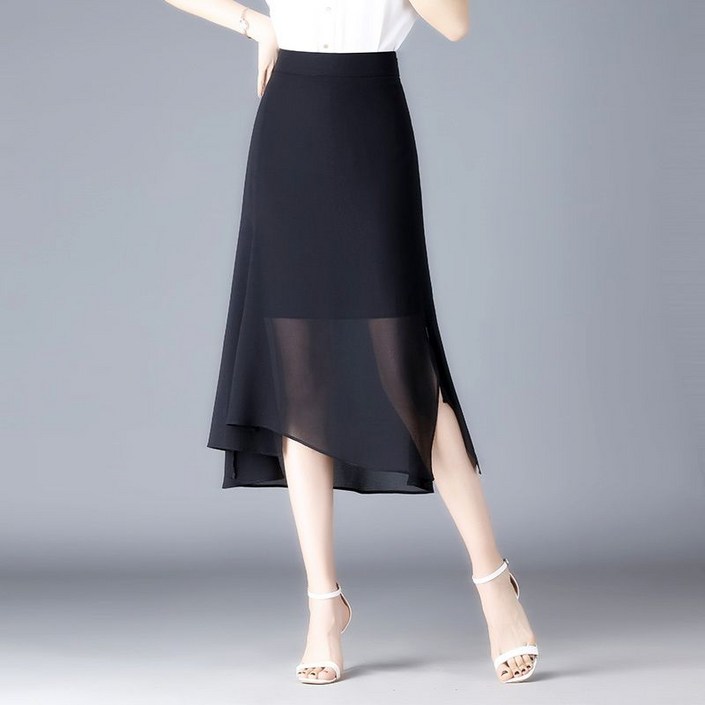 COSYEVNO 여성 쉬폰 트임 미디 스커트 여름 하이웨이스트 A라인 치마