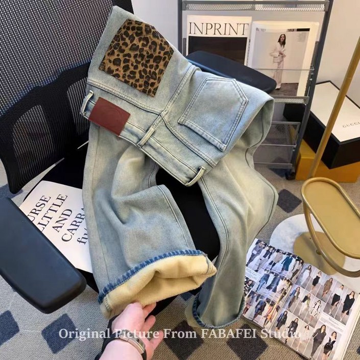 비펑  여자 호피 배색 기모 여성 청바지