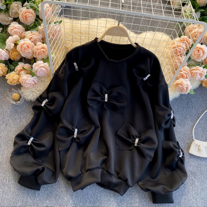 여자 여성 우아한 나비 리본 큐빅 맨투맨 티셔츠 블랙 화이트 스웻셔츠 러블리