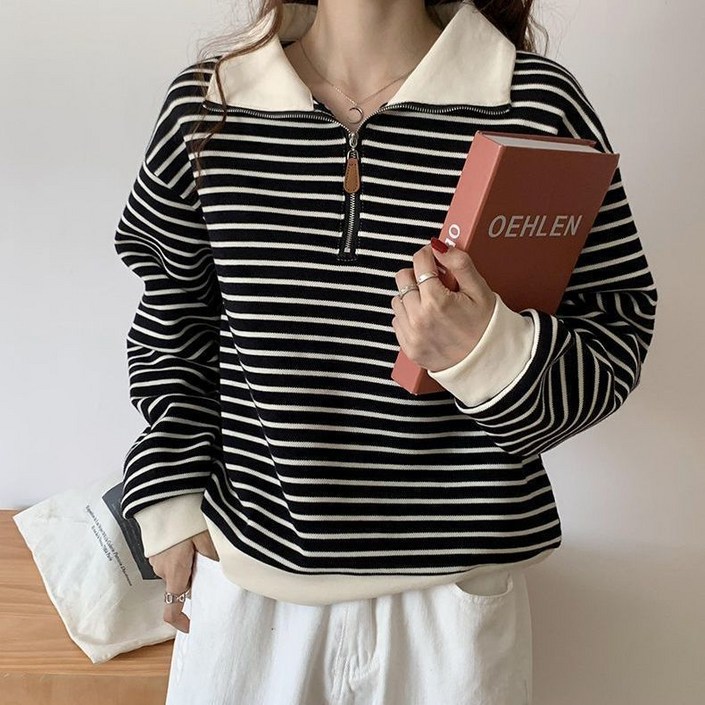 POMTOR 여성용 봄가을  반집업 맨투맨 빅사이즈 루즈핏 스트라이프 티셔츠
