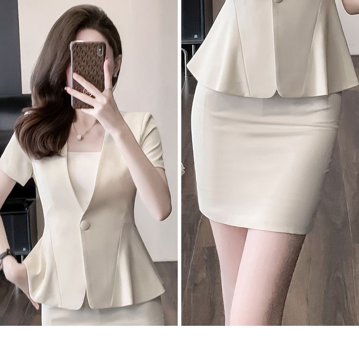 여성용 패션 정장 세트 봄 여름 패션 프렌치 반팔 자켓 슬림핏 미니 스커트 투피스 고급스러운 양복 YMY