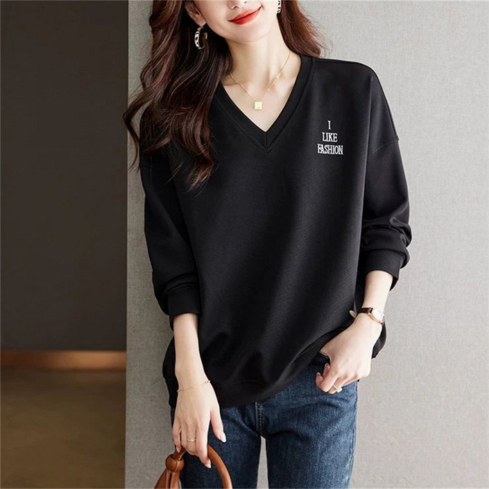 besteffie 여성 V넥 캐주얼 레터링 프린팅 맨투맨 가을 겨울 빅사이즈 이너