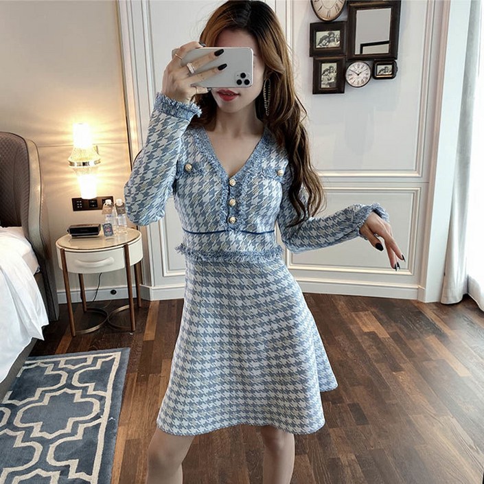 해피유통  여성 청춘 봄 가을 매력적인 버튼 장식 허리 조절 긴 소매 하운드투스 패턴 폴리에스터 원피스  BJJ001