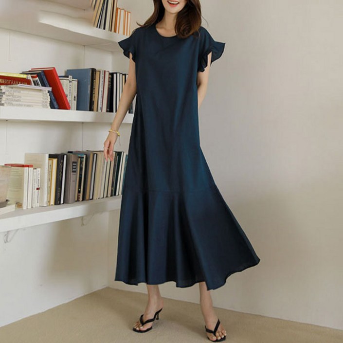 퀸앤조이 린넨 날개 반팔 플레어 롱원피스