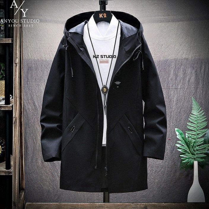 ANYOU 남자 춘추 재킷 외투 오버핏 롱코트 패션을 겸비 후드코트