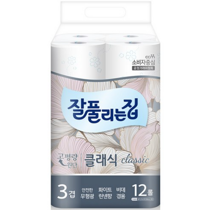 잘풀리는집 3겹 클래식 화장지 27m, 12개입, 1개