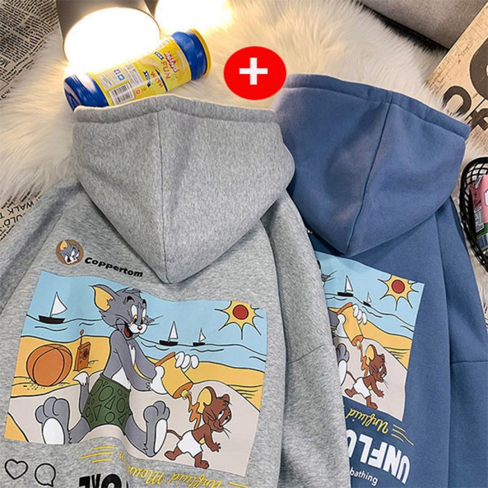 AOUGK 11 커플 캐릭터 후드 맨투맨 남녀공용 오버핏 맨투맨 빅사이즈 후드티 봄가을