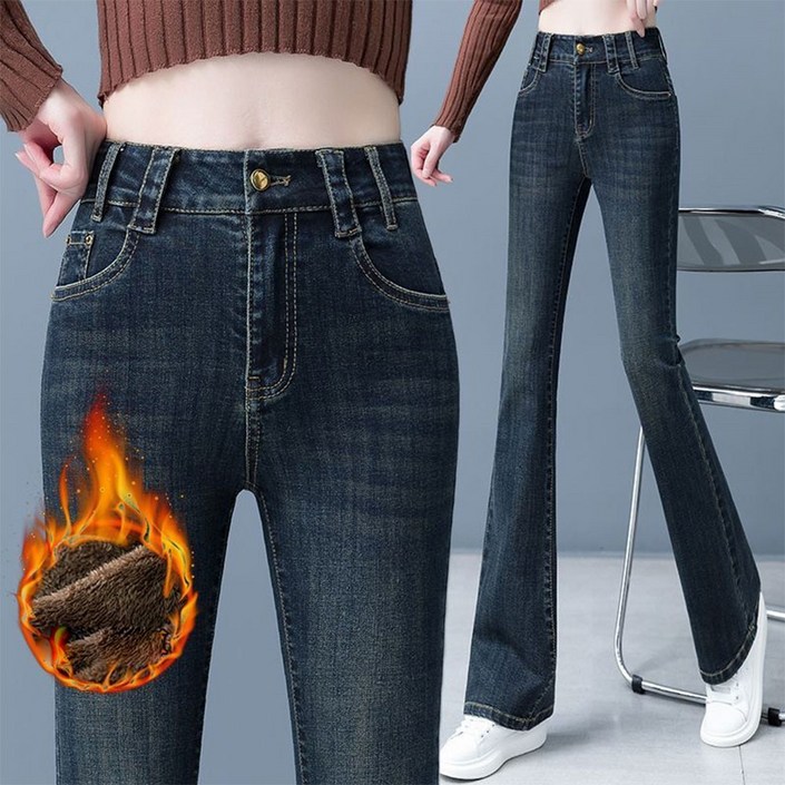 TKX 기모 청바지 여성 고탄력 보온 데님 팬츠 가을 겨울 하이웨이스트 일자핏 K37